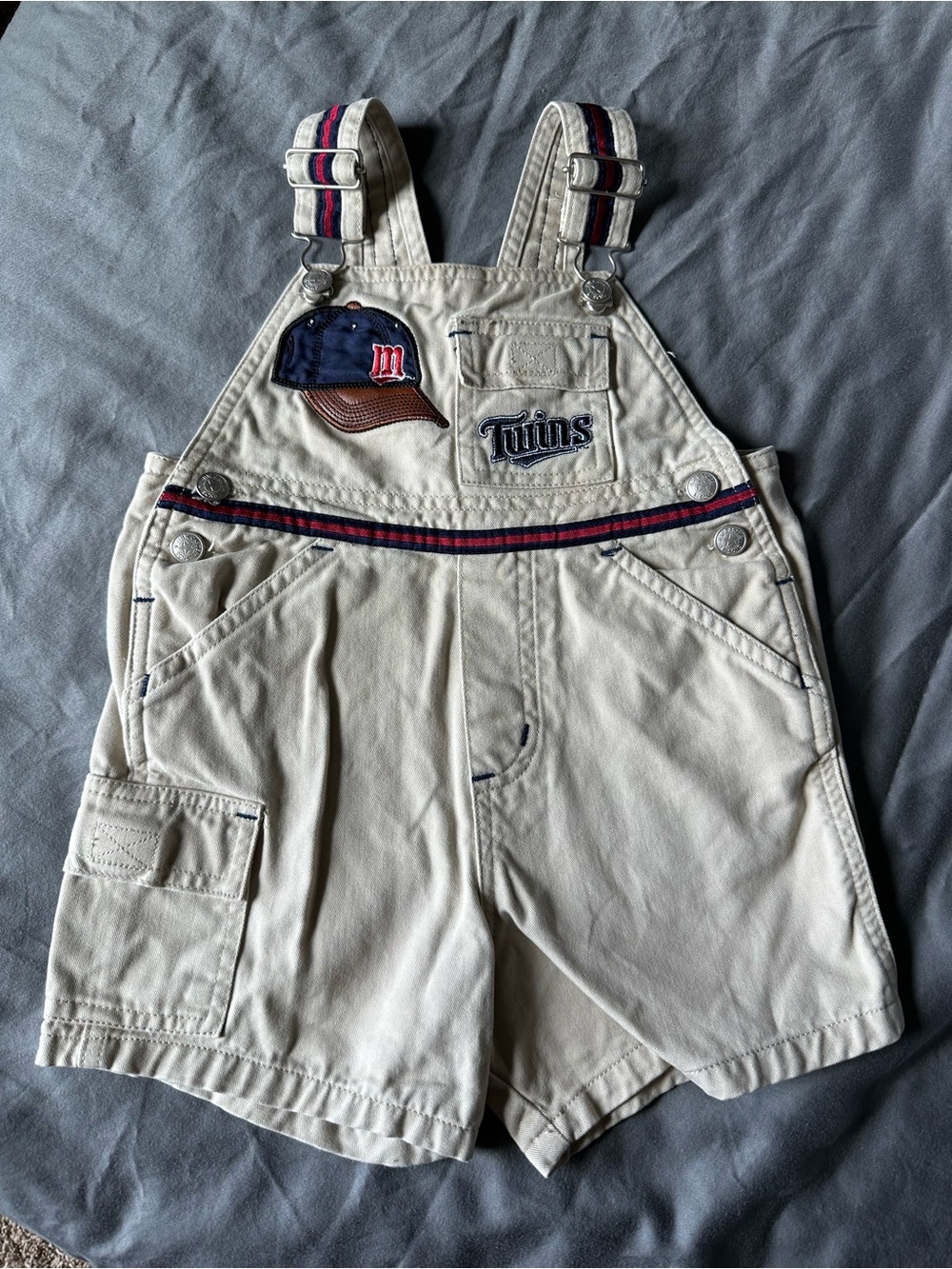Twins Embroidered Cream Short Overalls with Navy & Red Accents